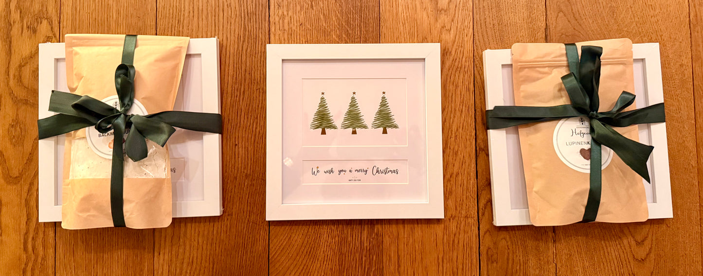 regionales Weihnachtsgeschenk / Wichtelgeschenk: LUPINEN-BROTBACKMISCHUNG mit weihnachtlichem Bild & Gruß